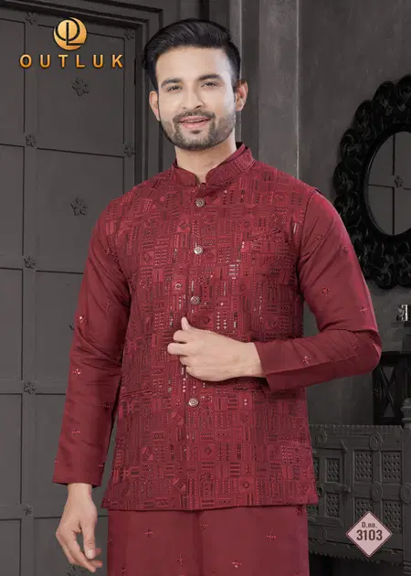 Maroon Outluk Wedding Collection Vol 31 Viscose With Embroidery Work Kurta With Koti Bottom 3103